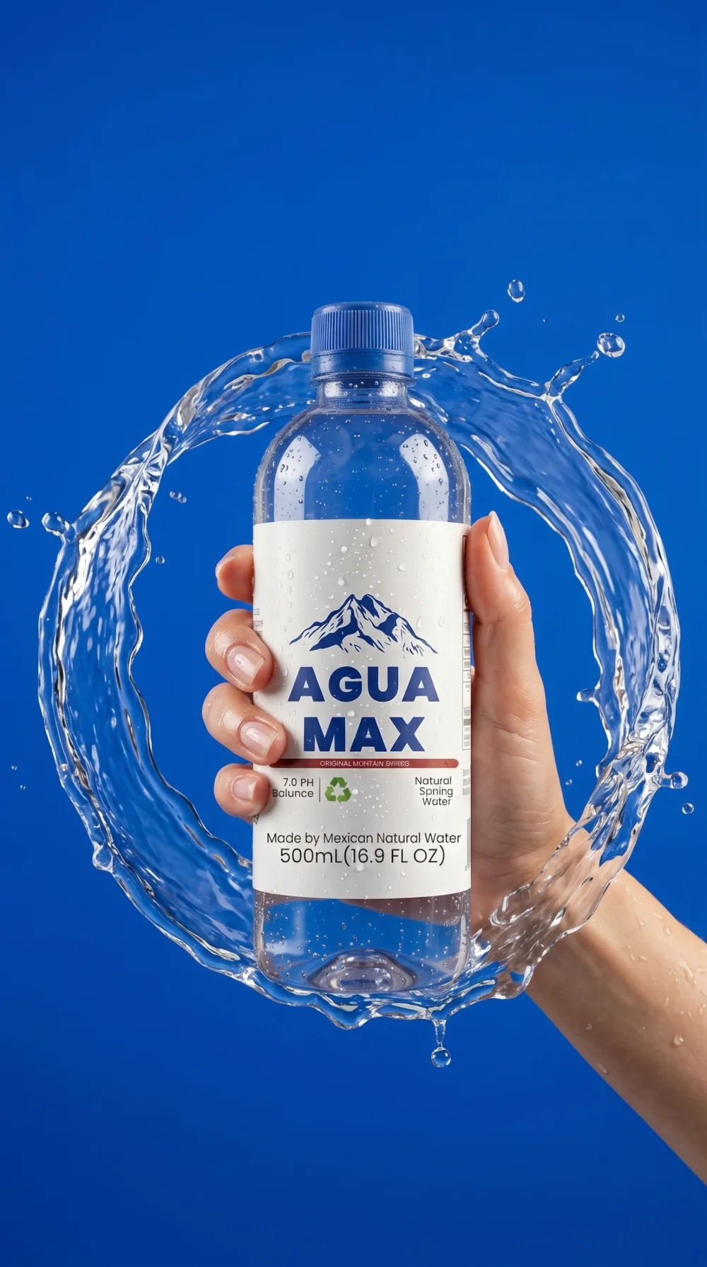 Botella Agua Max Ultra sostenida frente a un fondo azul con agua